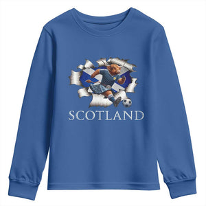 Funny Highland Cow in Kilt Footballer Youth Sweatshirt We'll Be Coming Scottish Pride Football Fans TS02 Royal Blue Print Your Wear