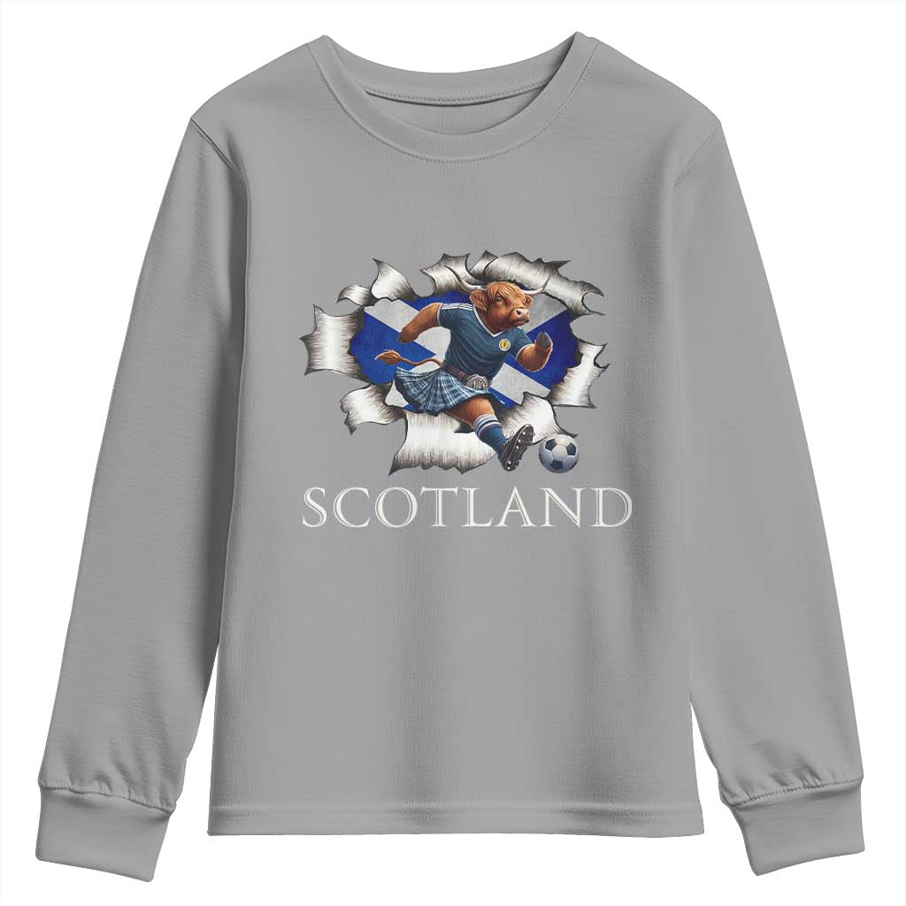 Funny Highland Cow in Kilt Footballer Youth Sweatshirt We'll Be Coming Scottish Pride Football Fans TS02 Sport Gray Print Your Wear