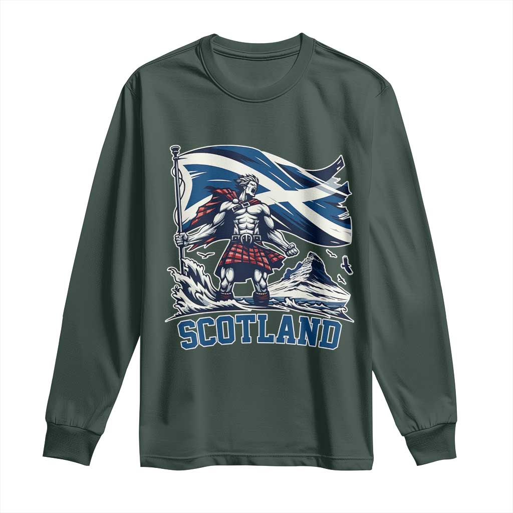 Scottish Warrior Long Sleeve Shirt Brave Highland Hero Scotland Flag TS02 Dark Forest Green Print Your Wear