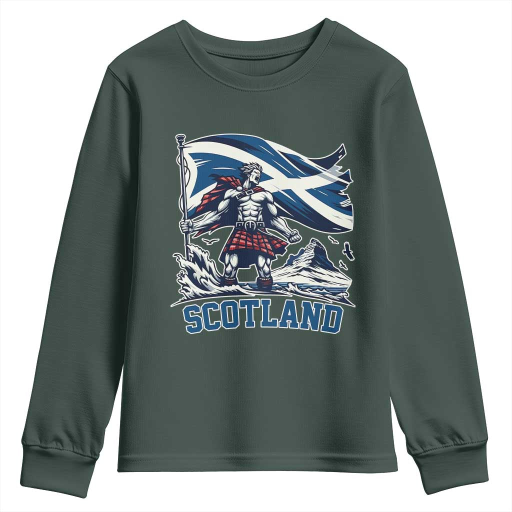Scottish Warrior Youth Sweatshirt Brave Highland Hero Scotland Flag TS02 Dark Forest Green Print Your Wear