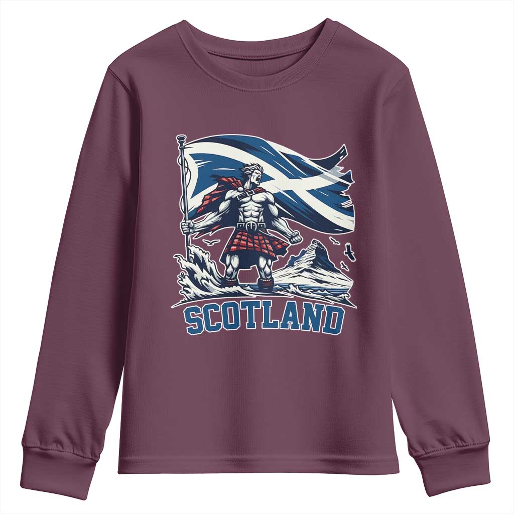 Scottish Warrior Youth Sweatshirt Brave Highland Hero Scotland Flag TS02 Maroon Print Your Wear