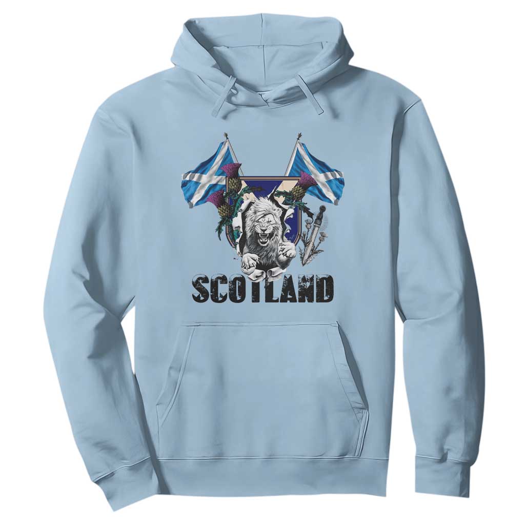 Roaring Scottish Lion Crest Hoodie Thistle Scotland Flag Emblem for Brave Highlanders TS02 Light Blue Print Your Wear
