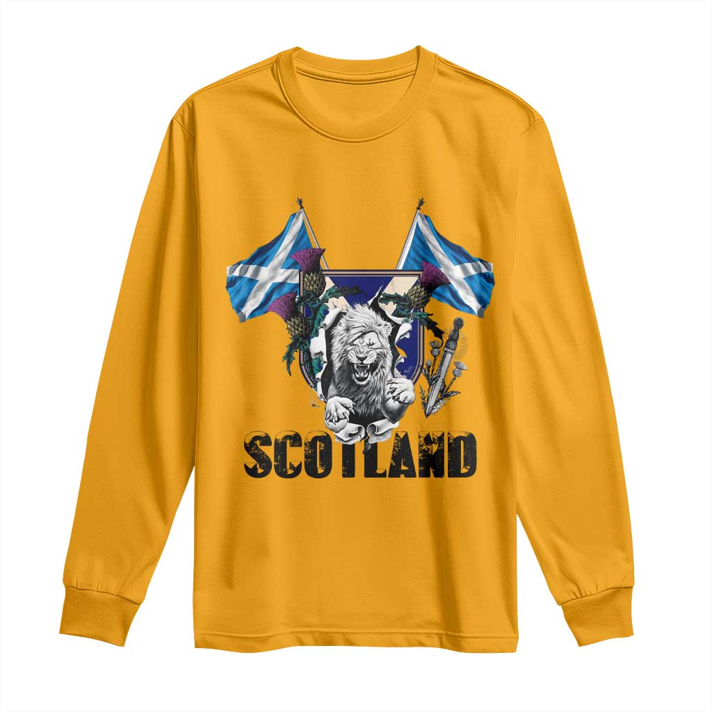 Roaring Scottish Lion Crest Long Sleeve Shirt Thistle Scotland Flag Emblem for Brave Highlanders TS02 Gold Print Your Wear