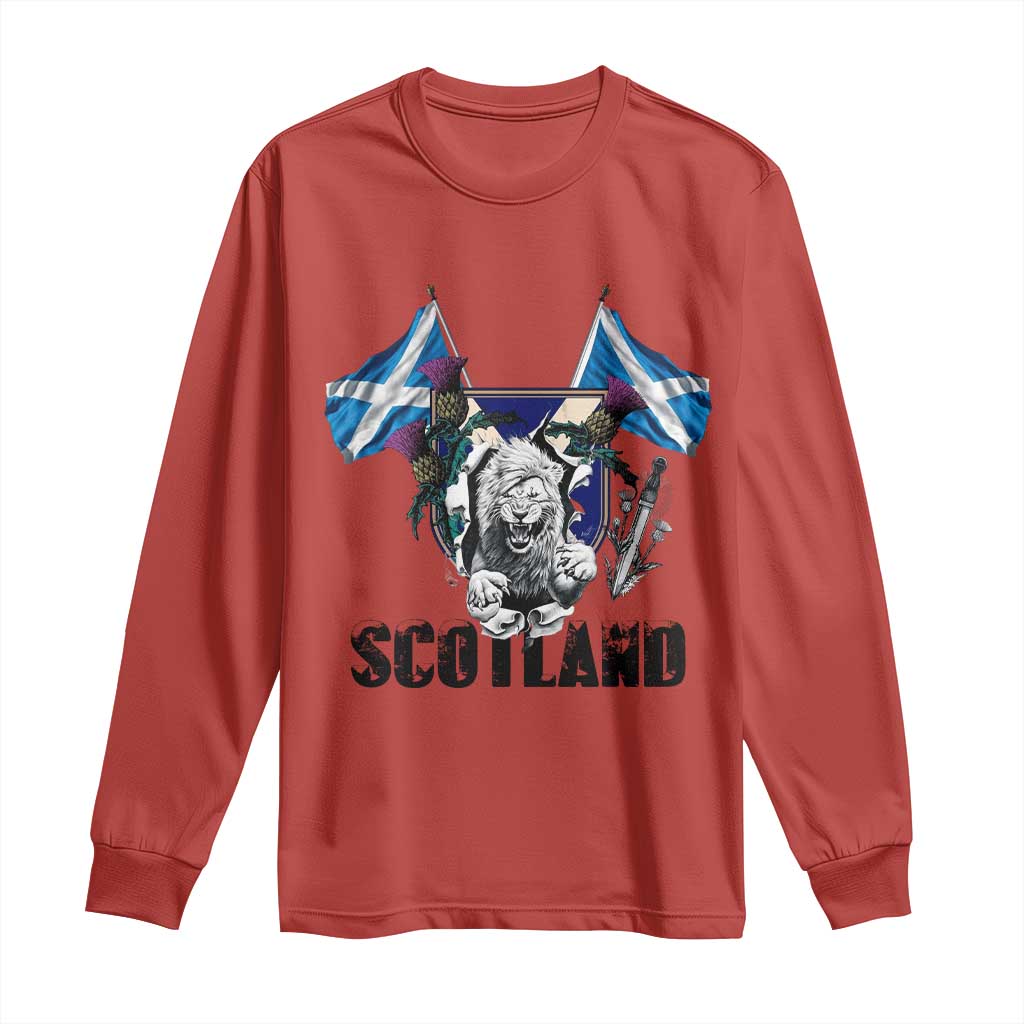 Roaring Scottish Lion Crest Long Sleeve Shirt Thistle Scotland Flag Emblem for Brave Highlanders TS02 Red Print Your Wear