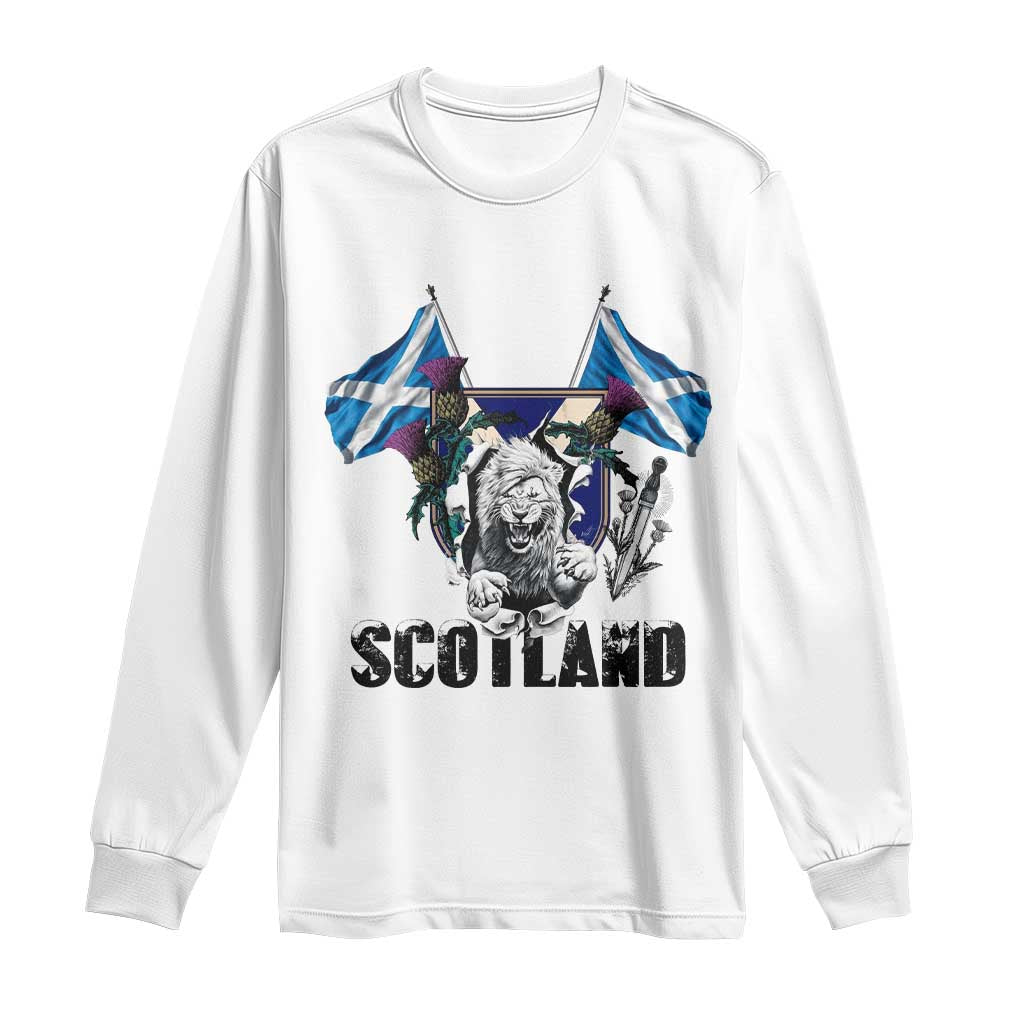 Roaring Scottish Lion Crest Long Sleeve Shirt Thistle Scotland Flag Emblem for Brave Highlanders TS02 White Print Your Wear
