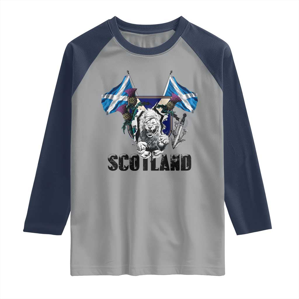 Roaring Scottish Lion Crest Raglan Shirt Thistle Scotland Flag Emblem for Brave Highlanders TS02 Sport Gray Navy Print Your Wear