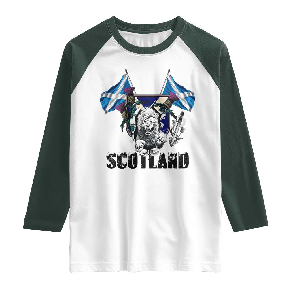 Roaring Scottish Lion Crest Raglan Shirt Thistle Scotland Flag Emblem for Brave Highlanders TS02 White Dark Forest Green Print Your Wear