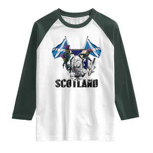 Roaring Scottish Lion Crest Raglan Shirt Thistle Scotland Flag Emblem for Brave Highlanders TS02 White Dark Forest Green Print Your Wear