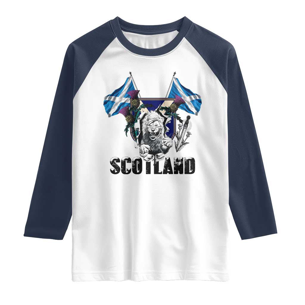 Roaring Scottish Lion Crest Raglan Shirt Thistle Scotland Flag Emblem for Brave Highlanders TS02 White Navy Print Your Wear