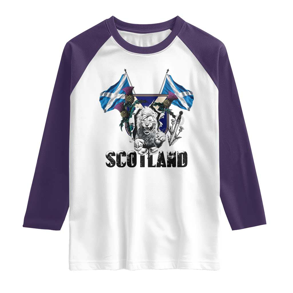 Roaring Scottish Lion Crest Raglan Shirt Thistle Scotland Flag Emblem for Brave Highlanders TS02 White Purple Print Your Wear