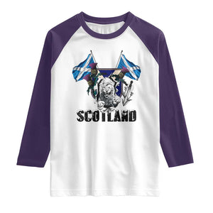 Roaring Scottish Lion Crest Raglan Shirt Thistle Scotland Flag Emblem for Brave Highlanders TS02 White Purple Print Your Wear
