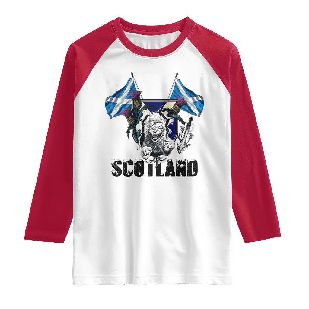 Roaring Scottish Lion Crest Raglan Shirt Thistle Scotland Flag Emblem for Brave Highlanders TS02 White Red Print Your Wear