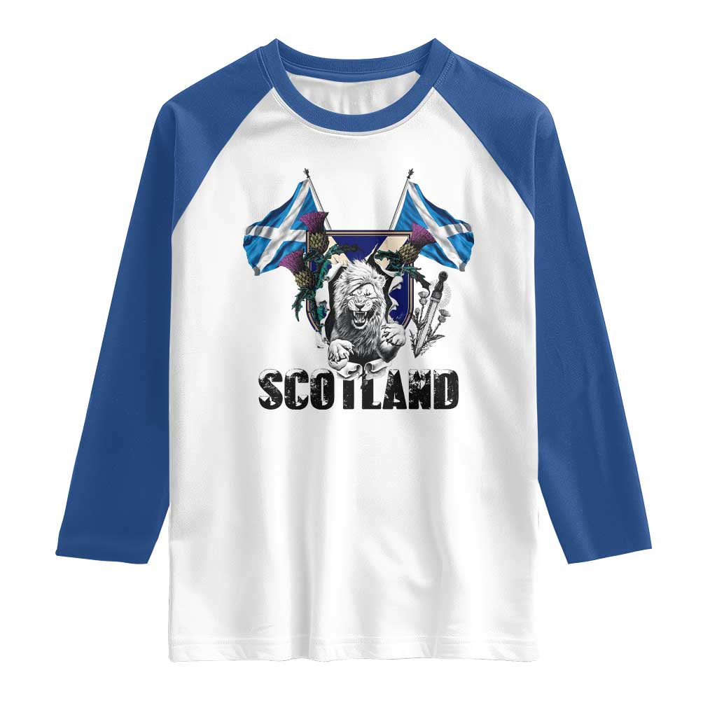 Roaring Scottish Lion Crest Raglan Shirt Thistle Scotland Flag Emblem for Brave Highlanders TS02 White Royal Print Your Wear