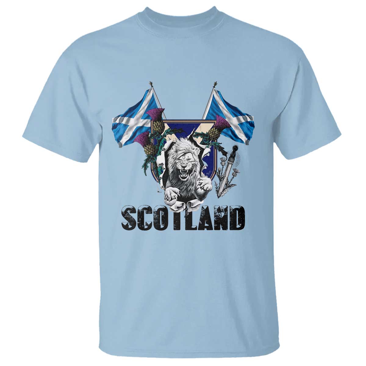 Roaring Scottish Lion Crest T Shirt Thistle Scotland Flag Emblem for Brave Highlanders TS02 Light Blue Print Your Wear