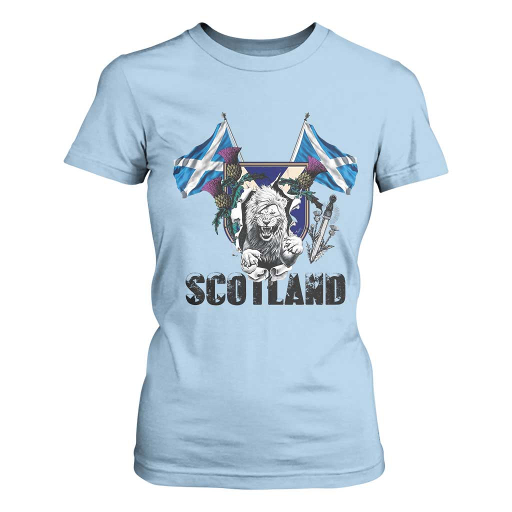 Roaring Scottish Lion Crest T Shirt For Women Thistle Scotland Flag Emblem for Brave Highlanders TS02 Light Blue Print Your Wear