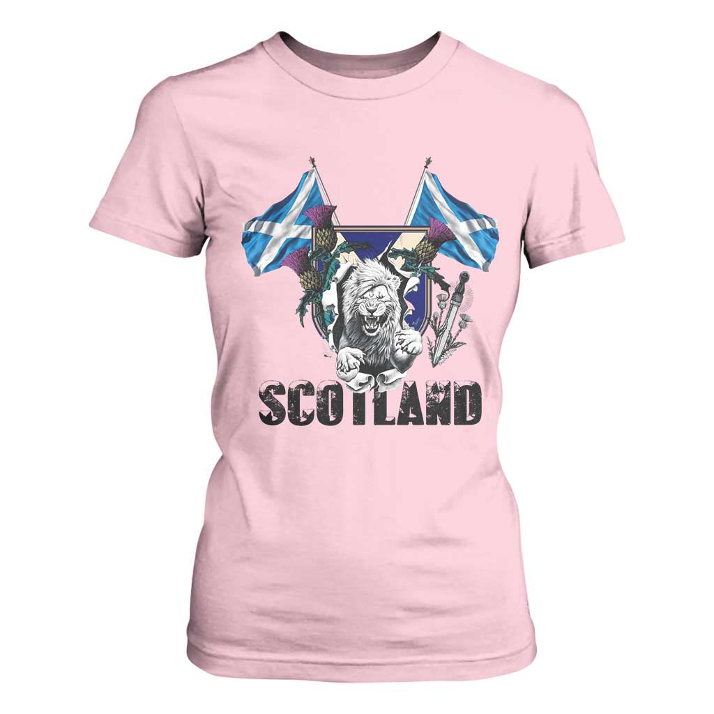 Roaring Scottish Lion Crest T Shirt For Women Thistle Scotland Flag Emblem for Brave Highlanders TS02 Light Pink Print Your Wear