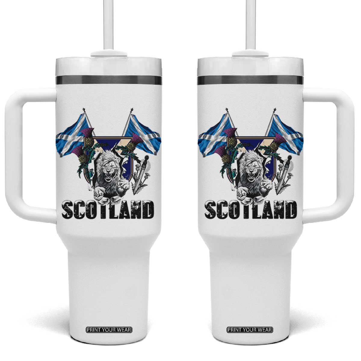 Roaring Scottish Lion Crest Tumbler With Handle Thistle Scotland Flag Emblem for Brave Highlanders TS02 One Size: 40 oz White Print Your Wear