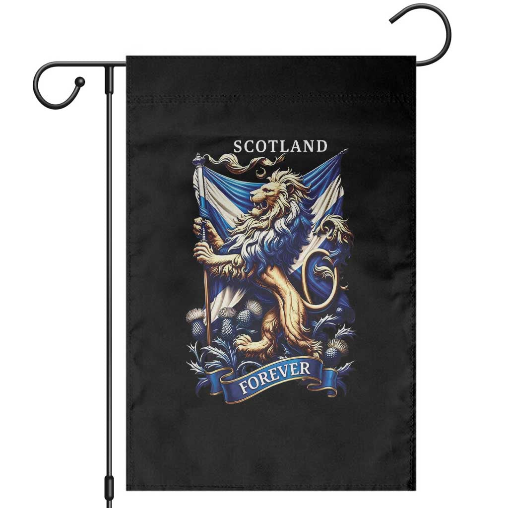 Scotland Forever Majestic Lion Rampant Holding Saltire Flag With Thistles Graphic Garden Flag