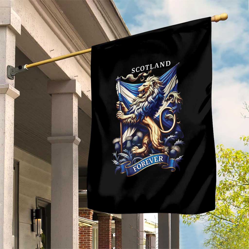 Scotland Forever Majestic Lion Rampant Holding Saltire Flag With Thistles Graphic Garden Flag