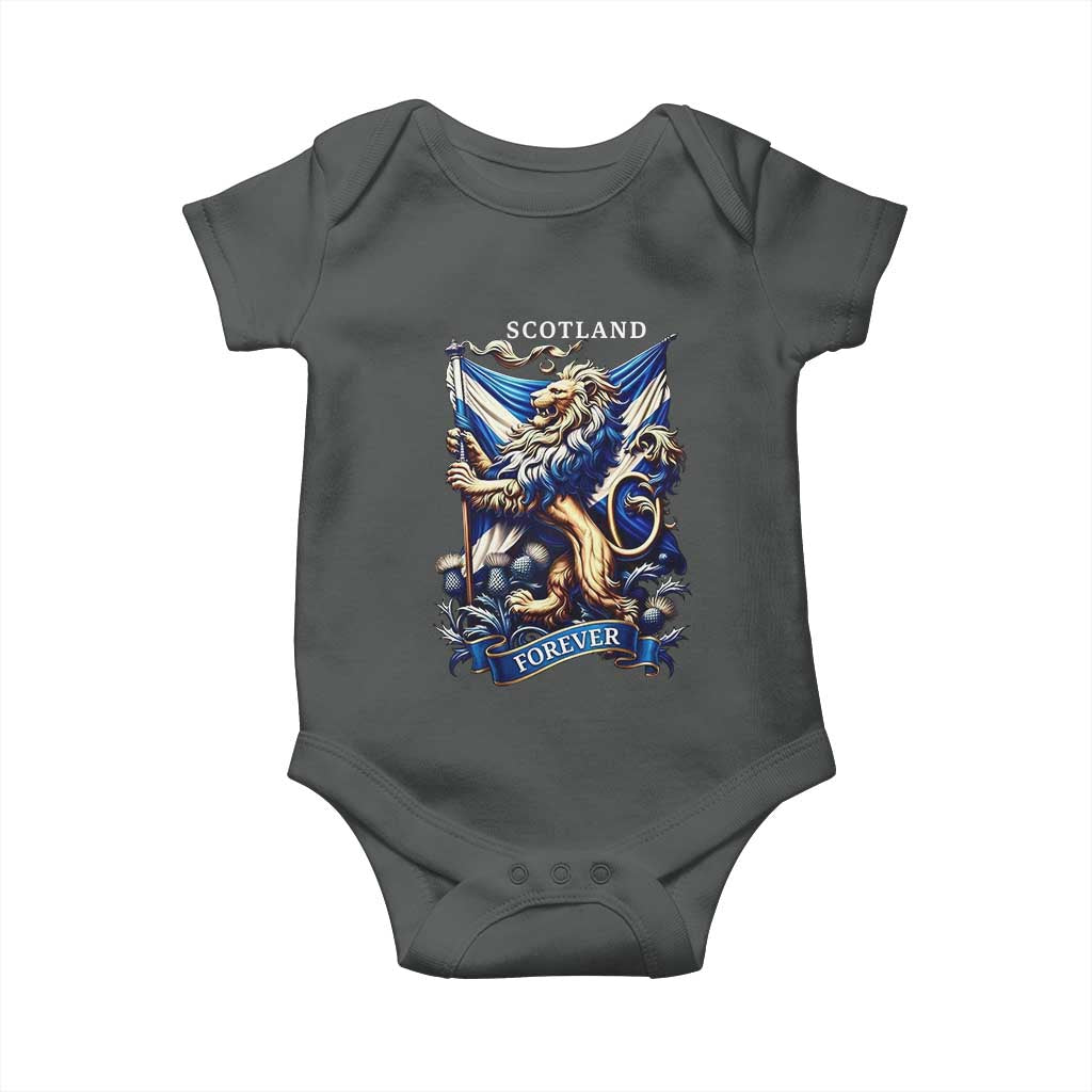 Scotland Forever Majestic Lion Rampant Holding Saltire Flag With Thistles Graphic Baby Onesie