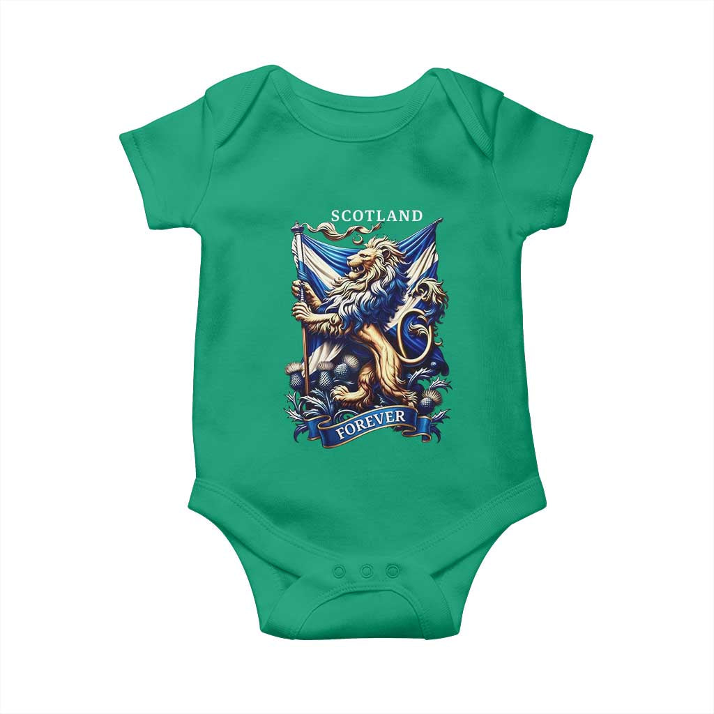 Scotland Forever Majestic Lion Rampant Holding Saltire Flag With Thistles Graphic Baby Onesie