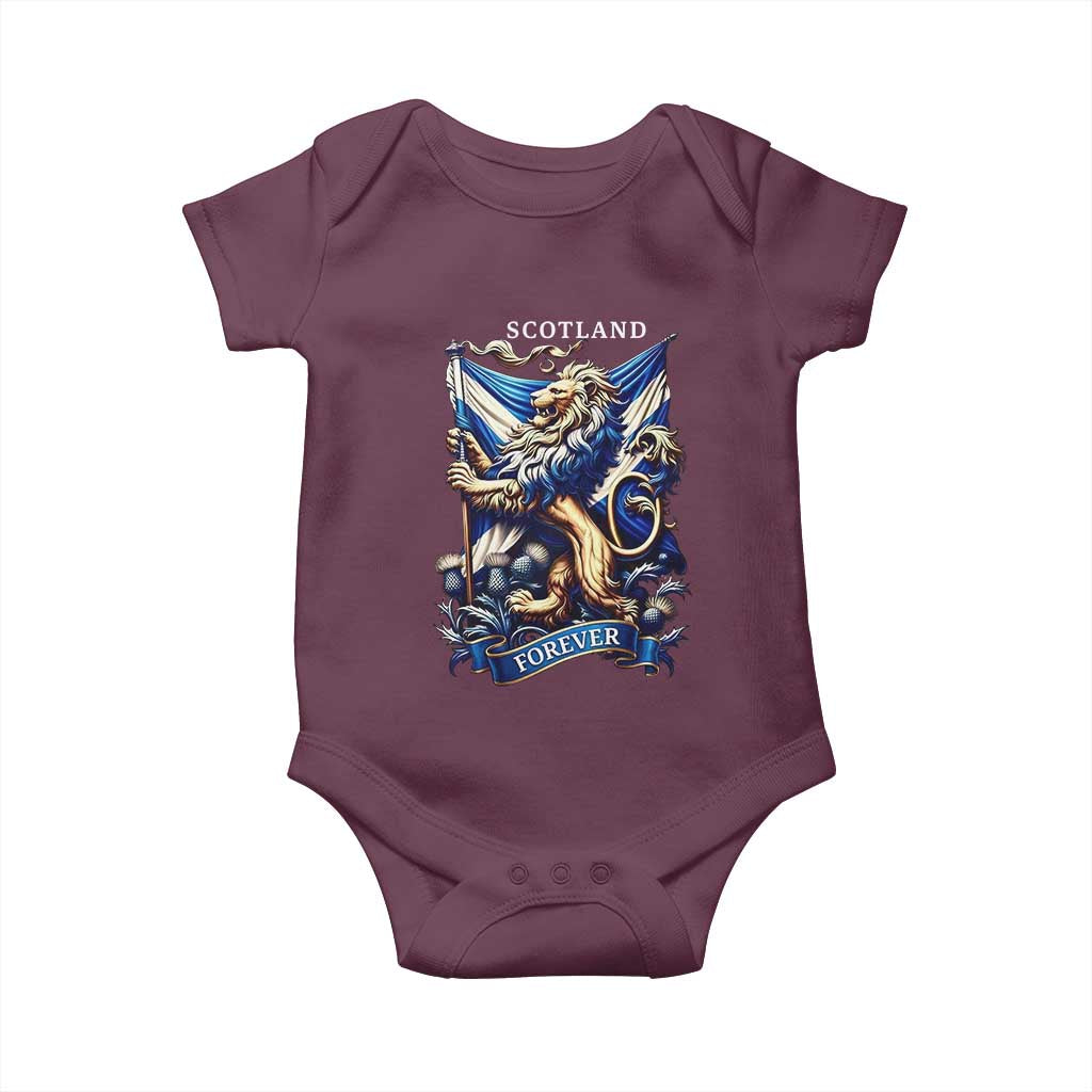 Scotland Forever Majestic Lion Rampant Holding Saltire Flag With Thistles Graphic Baby Onesie