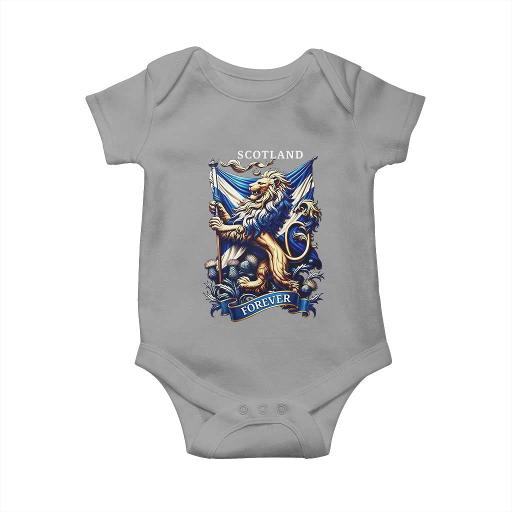 Scotland Forever Majestic Lion Rampant Holding Saltire Flag With Thistles Graphic Baby Onesie