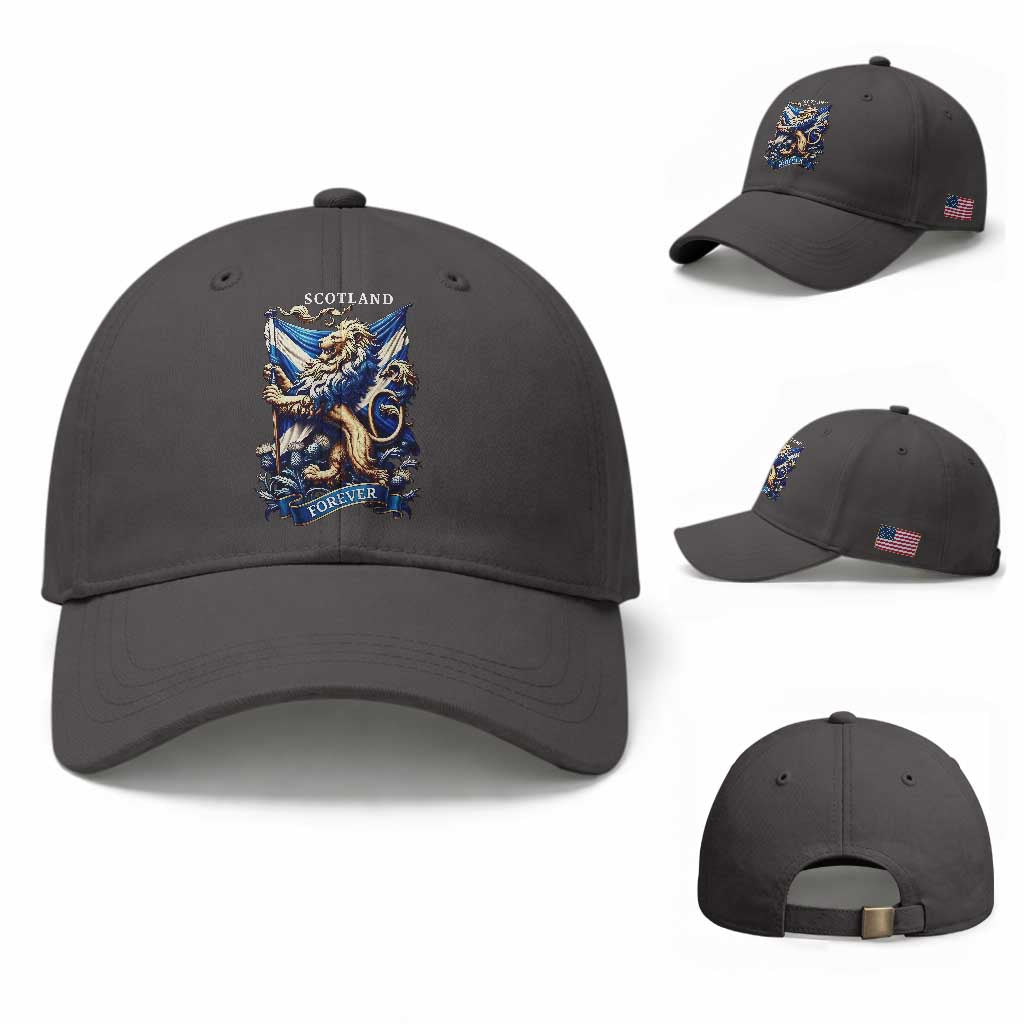Scotland Forever Majestic Lion Rampant Holding Saltire Flag With Thistles Graphic Baseball Cap