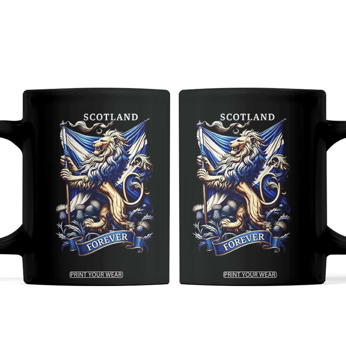 Scotland Forever Majestic Lion Rampant Holding Saltire Flag With Thistles Graphic Coffee Mug