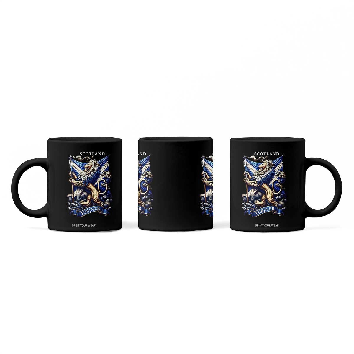 Scotland Forever Majestic Lion Rampant Holding Saltire Flag With Thistles Graphic Coffee Mug
