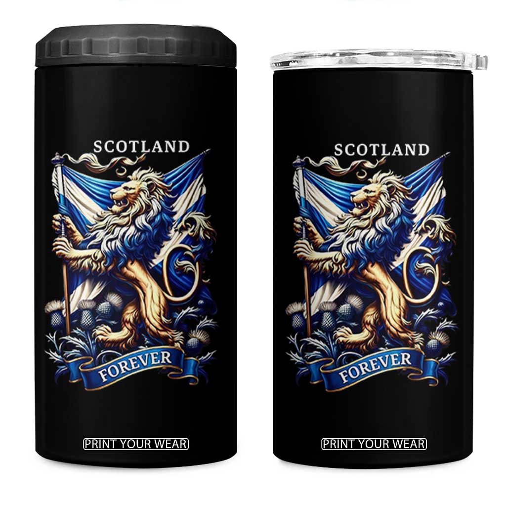 Scotland Forever Majestic Lion Rampant Holding Saltire Flag With Thistles Graphic 4 in 1 Can Cooler Tumbler