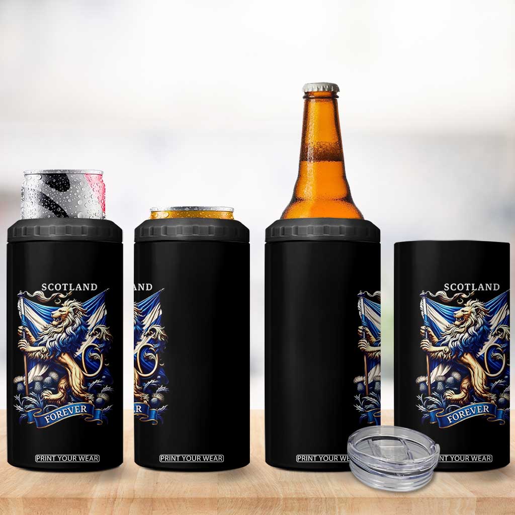 Scotland Forever Majestic Lion Rampant Holding Saltire Flag With Thistles Graphic 4 in 1 Can Cooler Tumbler