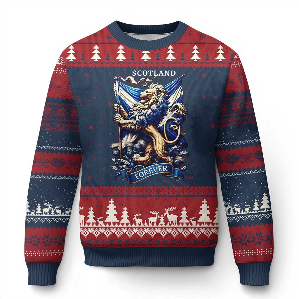 Scotland Forever Majestic Lion Rampant Holding Saltire Flag With Thistles Graphic Ugly Christmas Sweater