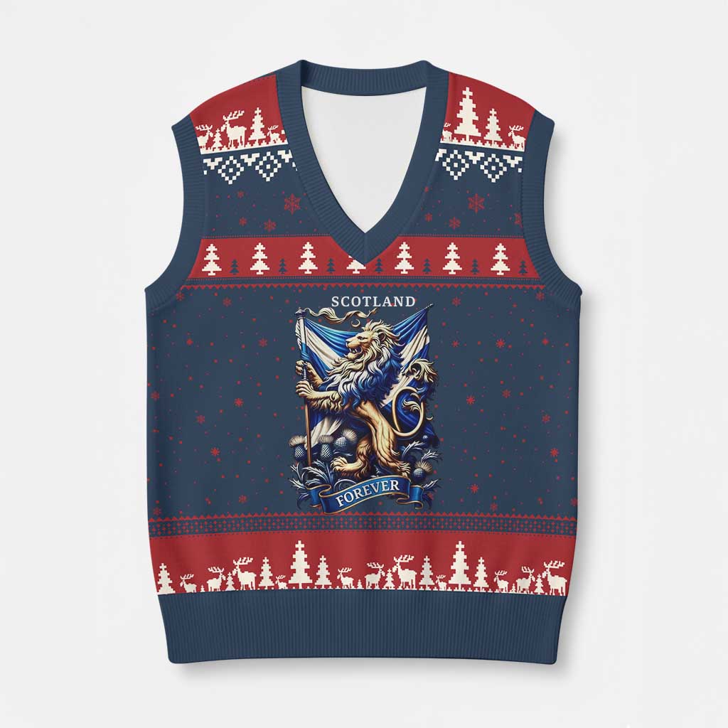 Scotland Forever Majestic Lion Rampant Holding Saltire Flag With Thistles Graphic V-Neck Knit Sweater Vest