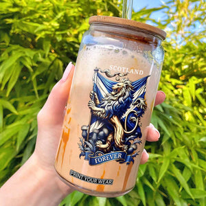 Scotland Forever Majestic Lion Rampant Holding Saltire Flag With Thistles Graphic Glass Can