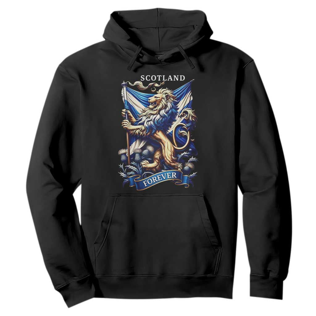 Scotland Forever Majestic Lion Rampant Holding Saltire Flag With Thistles Graphic Hoodie