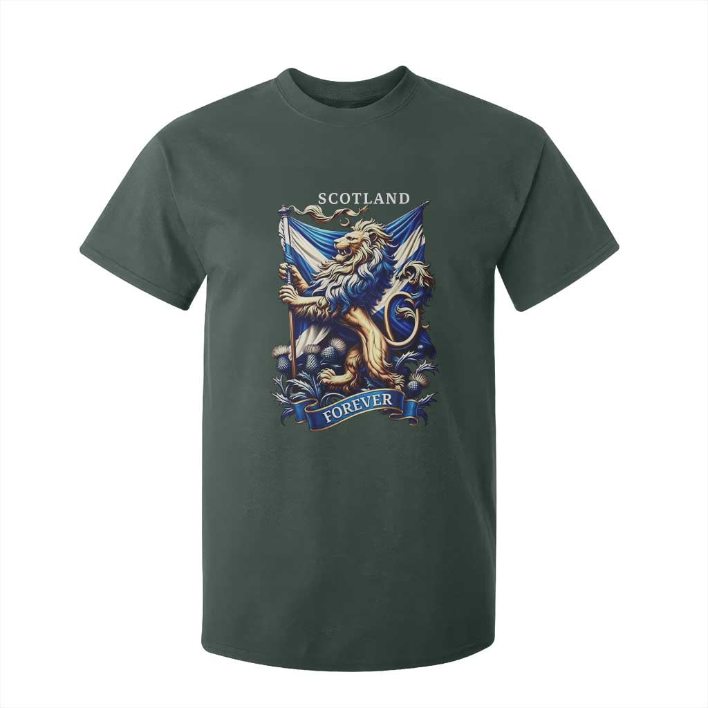 Scotland Forever Majestic Lion Rampant Holding Saltire Flag With Thistles Graphic T Shirt For Kid