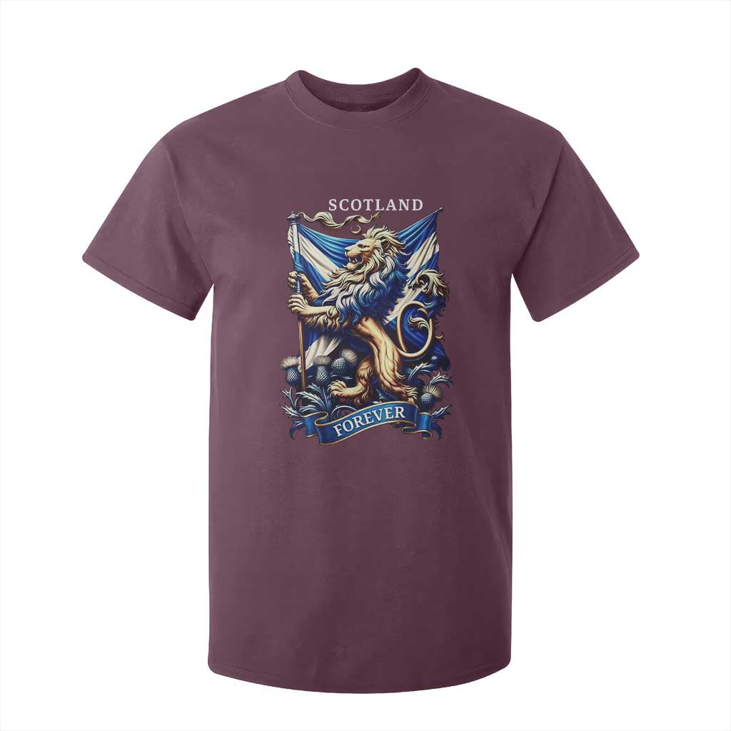 Scotland Forever Majestic Lion Rampant Holding Saltire Flag With Thistles Graphic T Shirt For Kid
