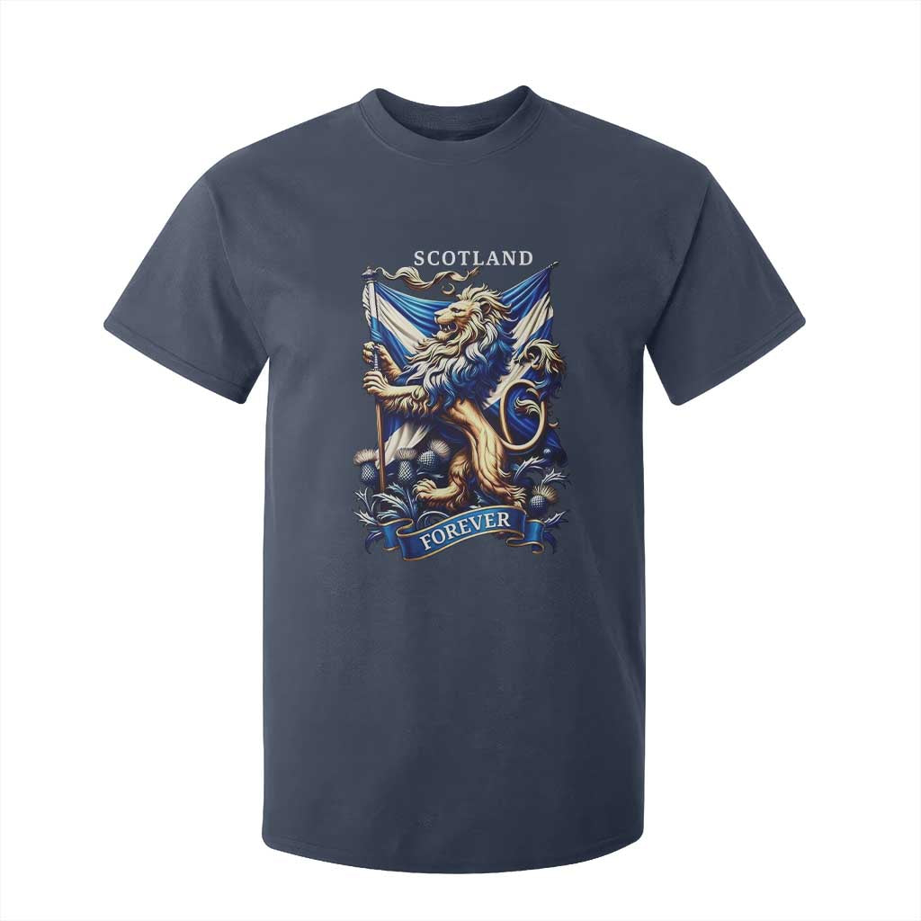 Scotland Forever Majestic Lion Rampant Holding Saltire Flag With Thistles Graphic T Shirt For Kid TS02 Navy Print Your Wear
