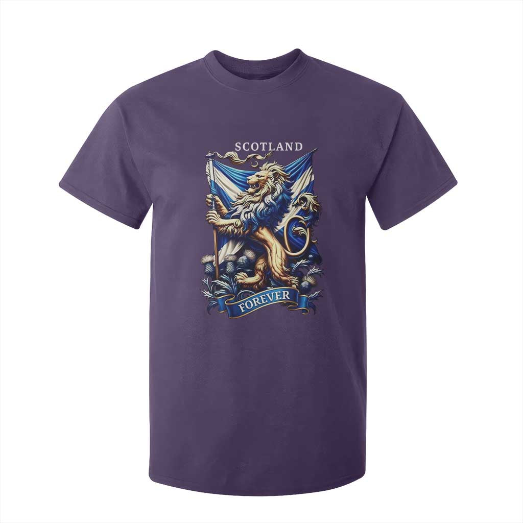 Scotland Forever Majestic Lion Rampant Holding Saltire Flag With Thistles Graphic T Shirt For Kid