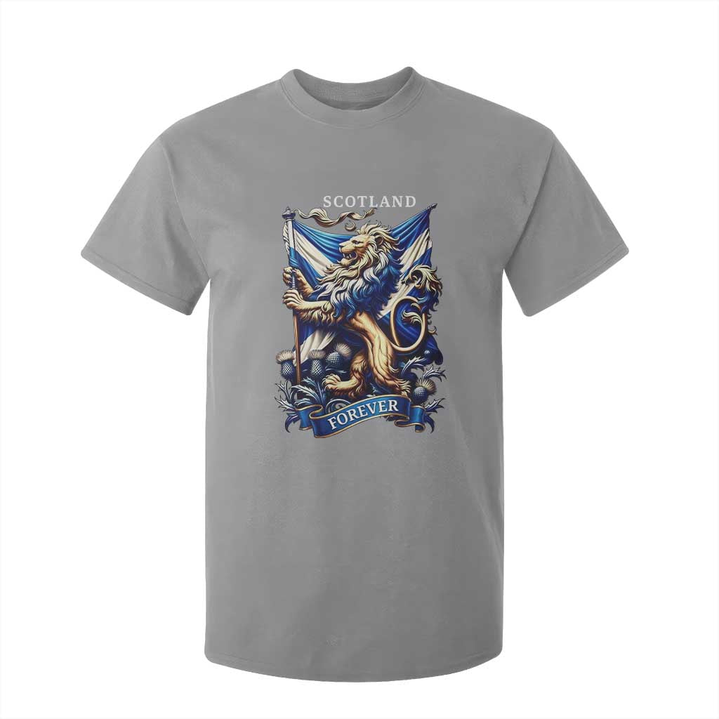 Scotland Forever Majestic Lion Rampant Holding Saltire Flag With Thistles Graphic T Shirt For Kid