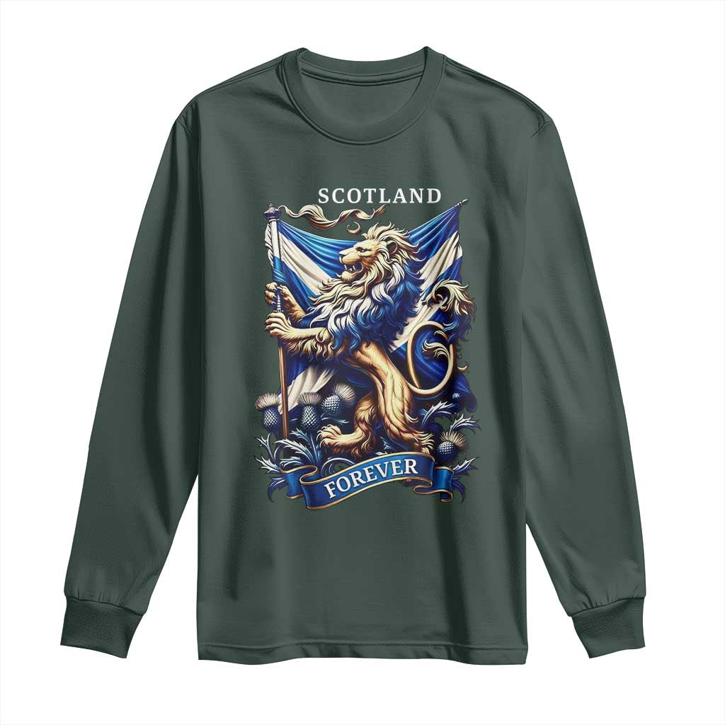 Scotland Forever Majestic Lion Rampant Holding Saltire Flag With Thistles Graphic Long Sleeve Shirt