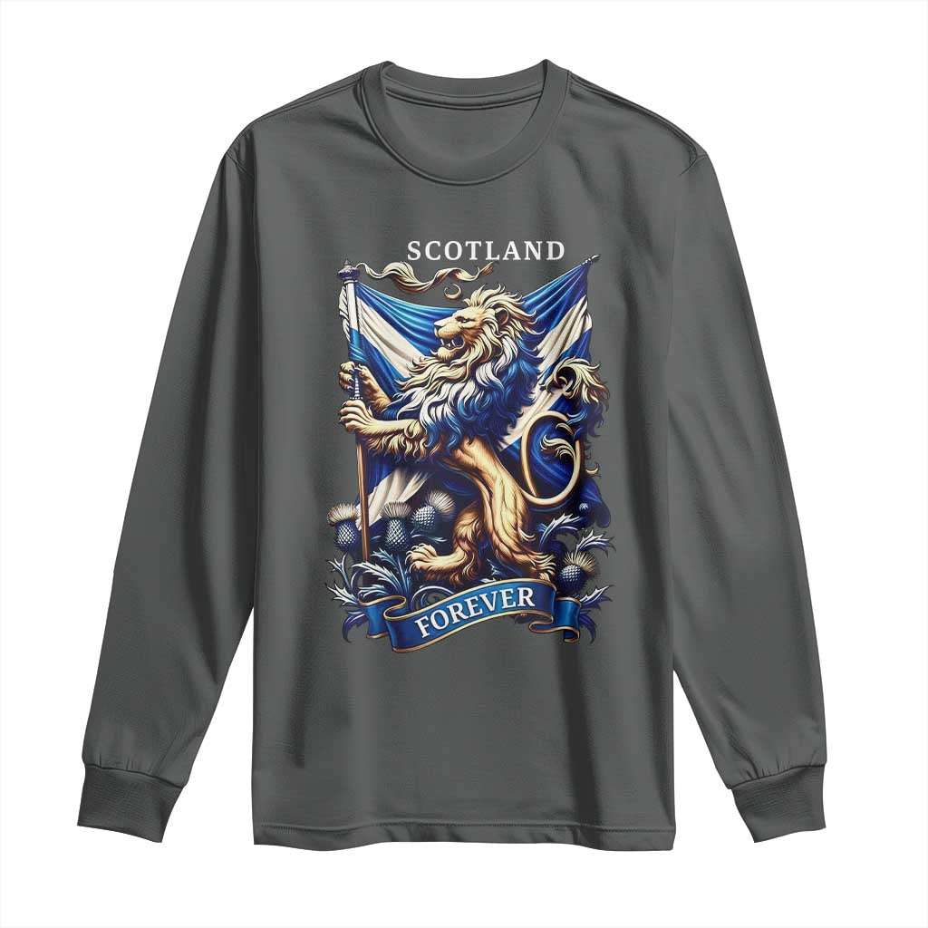 Scotland Forever Majestic Lion Rampant Holding Saltire Flag With Thistles Graphic Long Sleeve Shirt