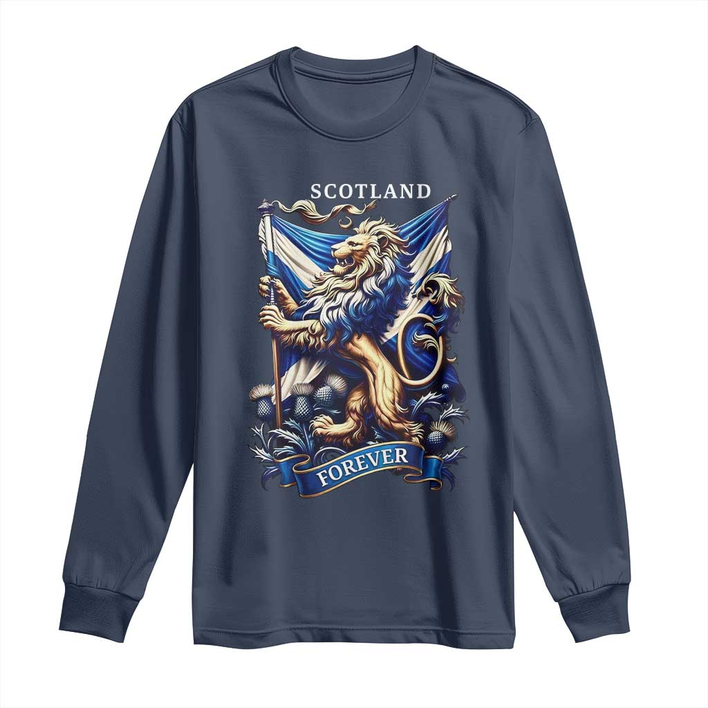 Scotland Forever Majestic Lion Rampant Holding Saltire Flag With Thistles Graphic Long Sleeve Shirt