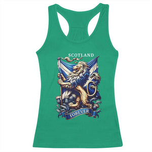 Scotland Forever Majestic Lion Rampant Holding Saltire Flag With Thistles Graphic Racerback Tank Top