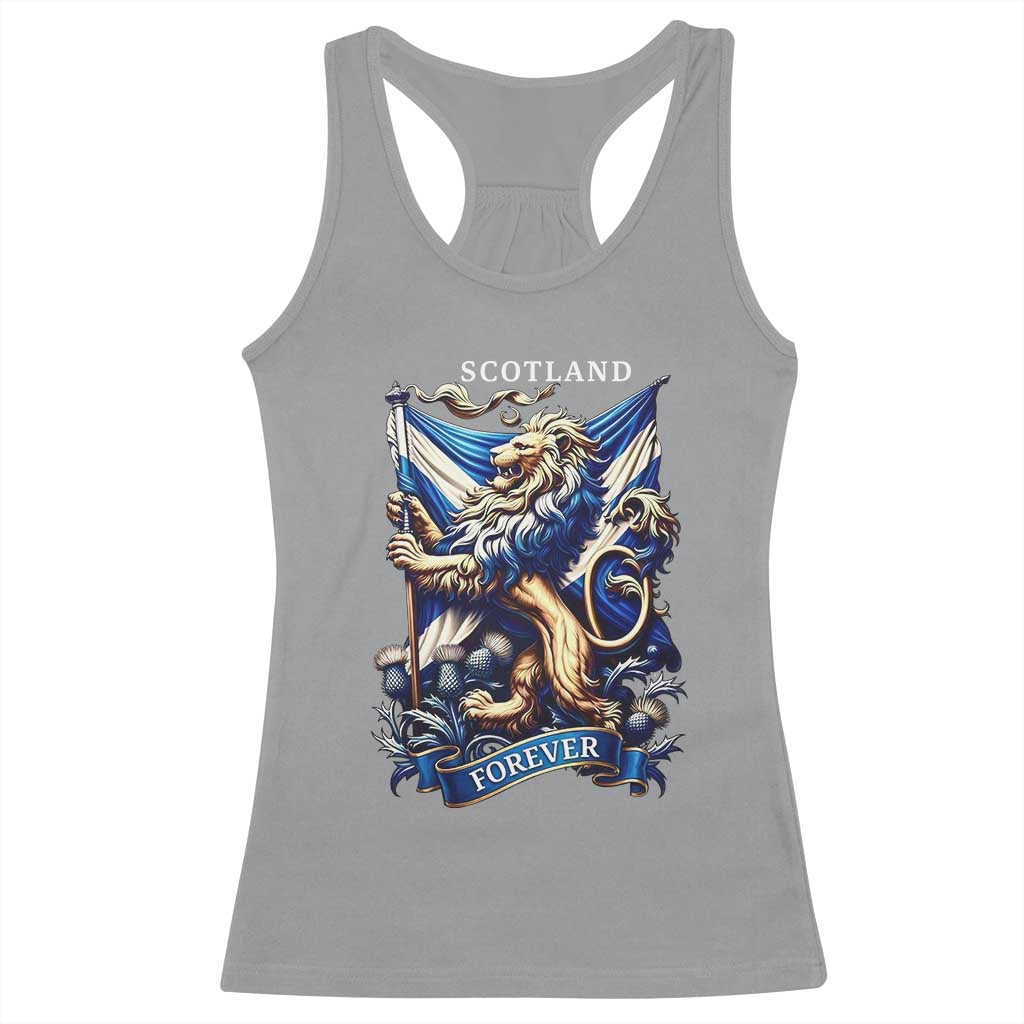 Scotland Forever Majestic Lion Rampant Holding Saltire Flag With Thistles Graphic Racerback Tank Top