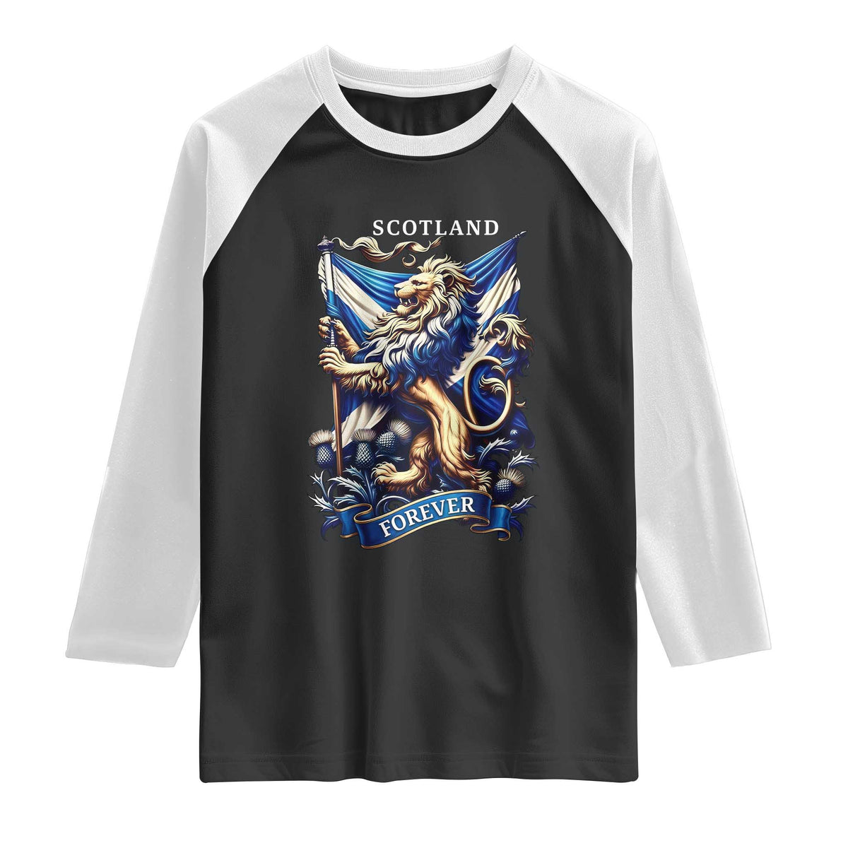 Scotland Forever Majestic Lion Rampant Holding Saltire Flag With Thistles Graphic Raglan Shirt