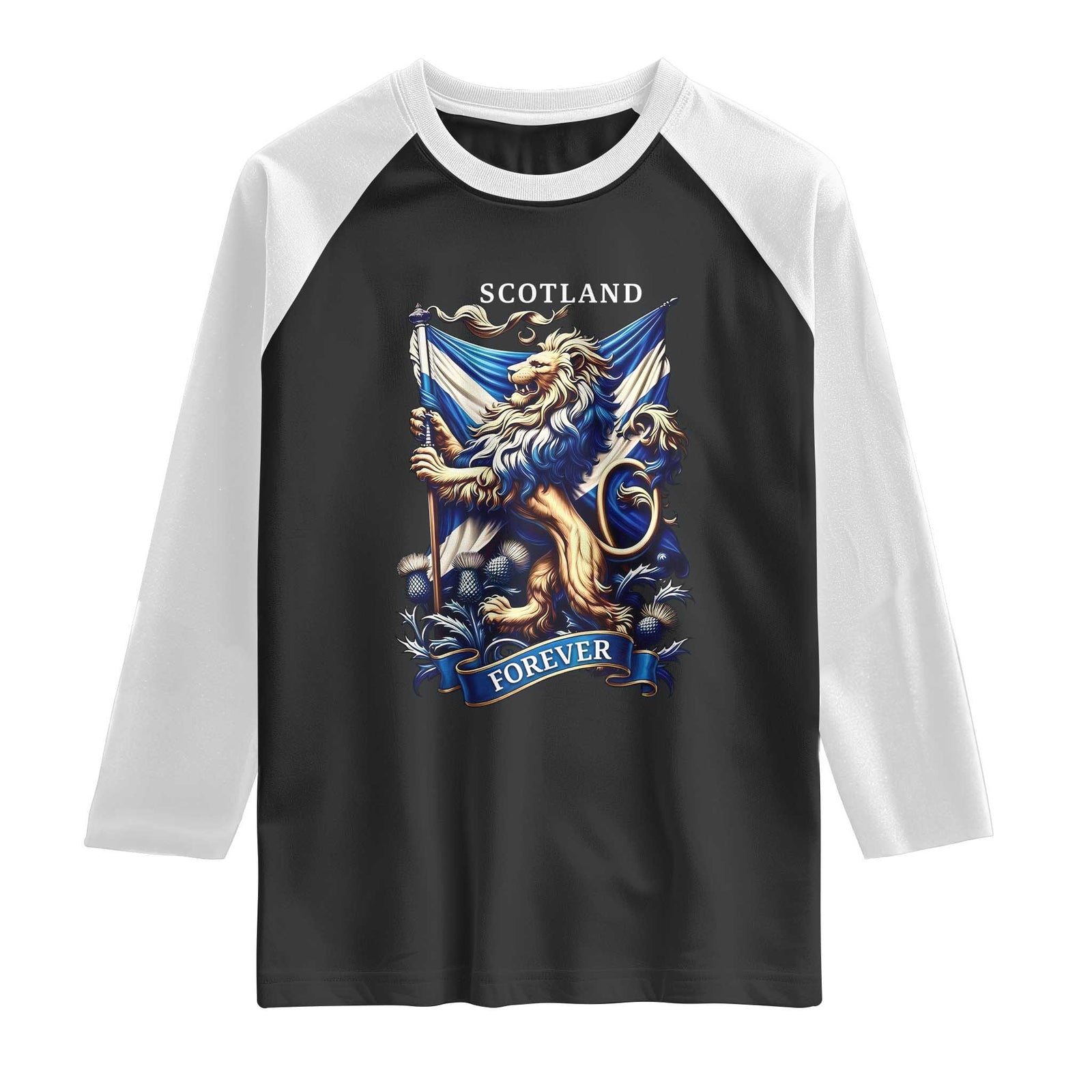 Scotland Forever Majestic Lion Rampant Holding Saltire Flag With Thistles Graphic Raglan Shirt TS02 Black White Print Your Wear
