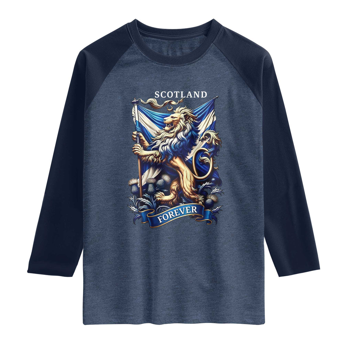 Scotland Forever Majestic Lion Rampant Holding Saltire Flag With Thistles Graphic Raglan Shirt