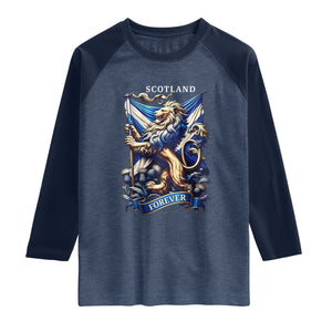 Scotland Forever Majestic Lion Rampant Holding Saltire Flag With Thistles Graphic Raglan Shirt